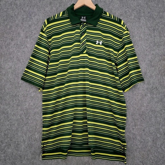 Under Armour Other - Under Armour Polo Shirt Mens Large Green Yellow Striped Performance‎ Golf Logo